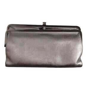 Hobo Lauren Clutch Wallet Pouch Double Frame Leather Metallic Silver Womens OS